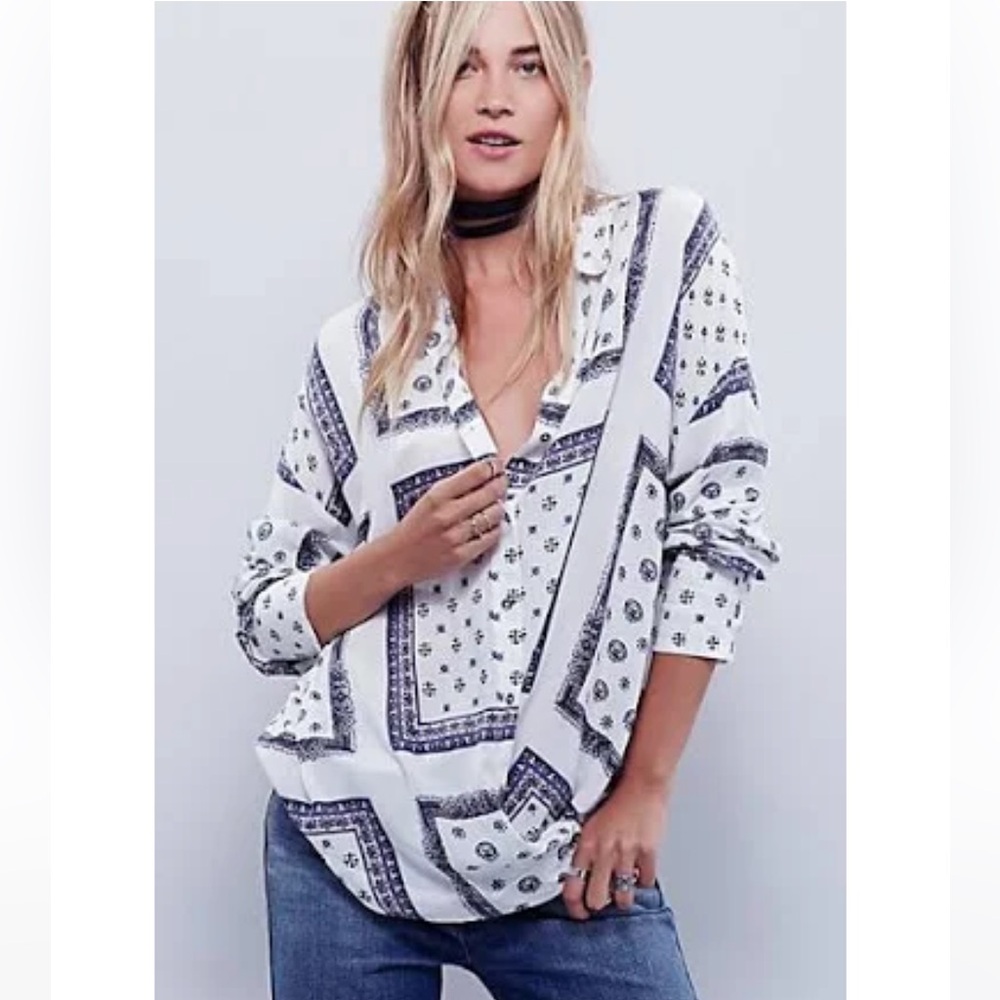 Free People Little Secrets Button Up Wrap Shirt White Large